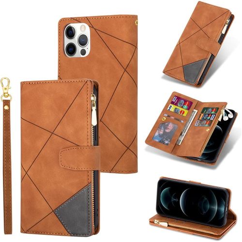 Coque Pour Iphone 13 Pro 6.1 Inch, Pu Flip Case Anti-Choc Fentes De Cartes Fonction Support, Fermeture - Diamant Brun
