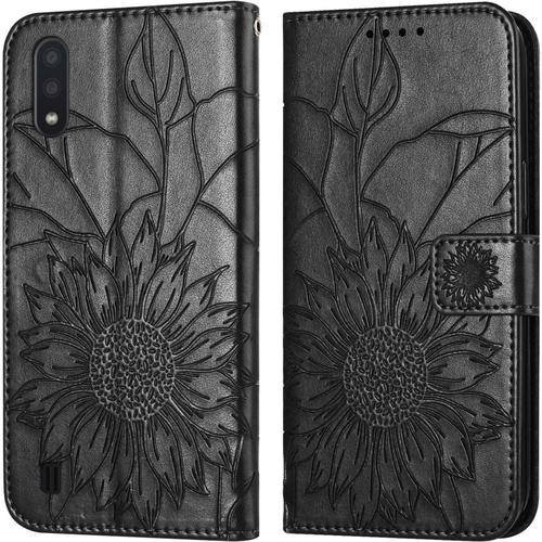 Étui Pour Samsung Galaxy A10/M10 A105/M105 6,2 Pouces Pu Cuir Housse Flip Coque Gaufré Tournesol Motif Avec Supports Magnétique Fermeture Portefeuille Protection Cas Noir