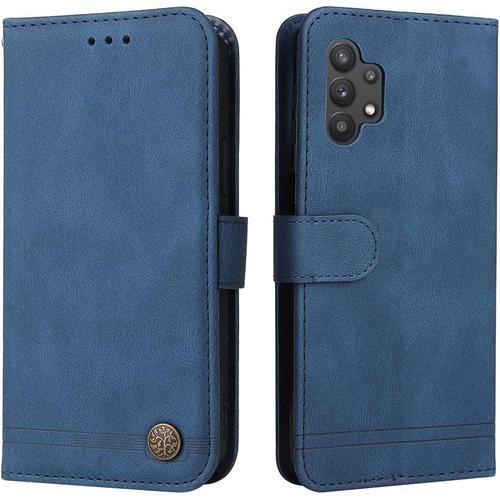 Housse Pour Telephone Samsung Galaxy A32 5g/M32 5g Etui, Arbre De Vie Pu/Tpu Sensation Peau Cuir Coque Magnétique Portefeuille, Bleu