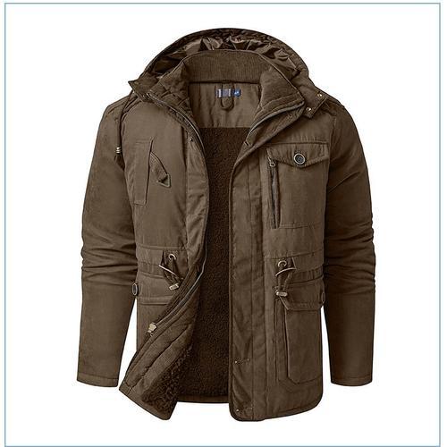 Hommes Grande Taille Agneau Velours Capuche Coton Veste Épaissie Multi - Poches Coton Top Casual Moyen Long Manteau Marron Xxl