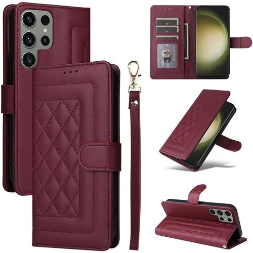 Coque Pour Samsung Galaxy S23 Ultra, Etui Protection Housse Premium En Cuir Pu, Pochette De Portefeuille Fermeture Magnétique Etui À Rabat - Rouge