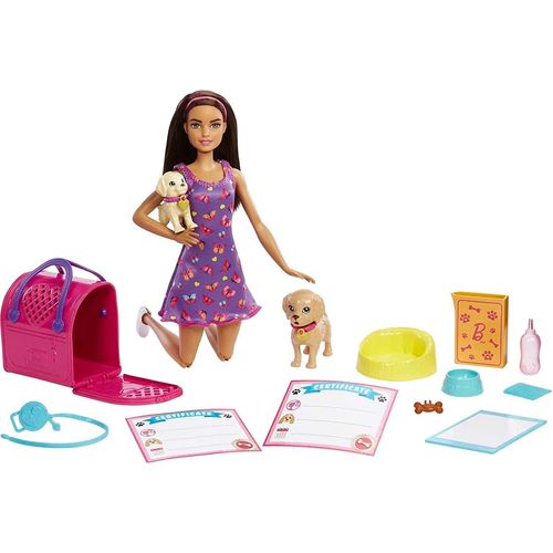 Barbie Set De Jeu D'adoption De Chiots Avec Poupée Brunette