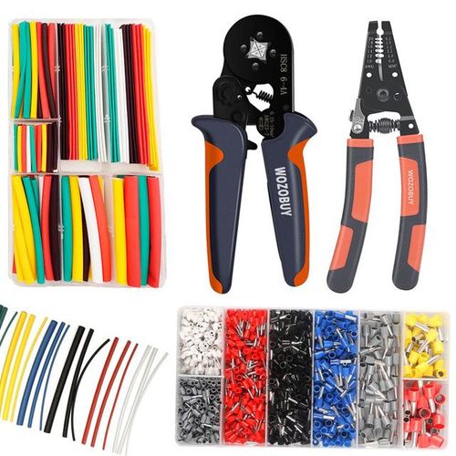 SET HSC8 6-4A - WOZO Kit'Outils de Sertissage de Virole, Pince à Sertir à Cliquet Auto Réglable, Pince à Dénuder les Fils, avec Tube Thermorétractable et Politiquement
