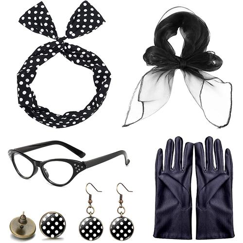 Lot de 6 accessoires de costume des années 50 pour femme - Accessoires  vintage à pois - Bandeau, écharpe, lunettes, boucles d'oreilles, gants