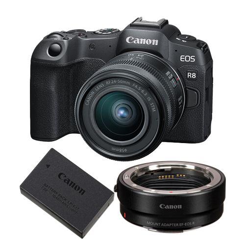 Appareil photo Canon EOS R8 + objectif RF 24-50mm f4.5-6.3 IS STM + adaptateur de montage EF-EOS R + batterie LP-E17