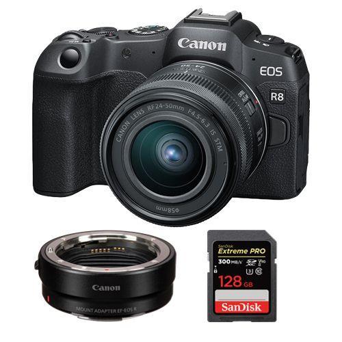 Appareil photo Canon EOS R8 + objectif RF 24-50mm f4.5-6.3 IS STM + adaptateur de montage EF-EOS R + SanDisk 128 Go Extreme Pro SDXC UHS-II U3 300 Mo/s