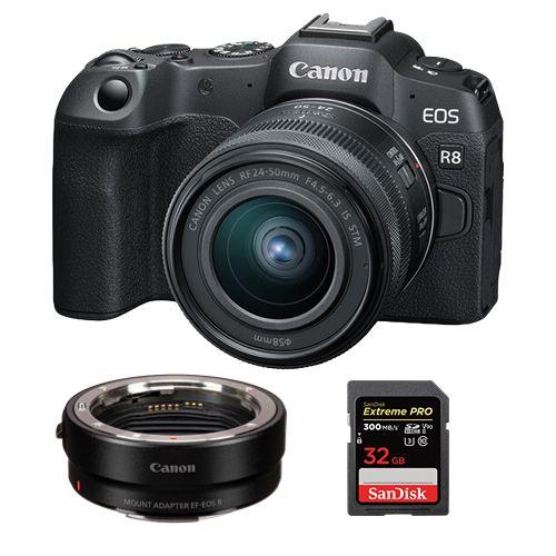 Appareil photo Canon EOS R8 + objectif RF 24-50 mm f4.5-6.3 IS STM + adaptateur de montage EF-EOS R + SanDisk 32 Go Extreme Pro SDHC USH-II 4K U3 300 Mo/s