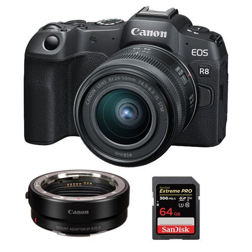 Appareil photo Canon EOS R8 + objectif RF 24-50mm f4.5-6.3 IS STM + adaptateur de montage EF-EOS R + SanDisk 64 Go Extreme Pro SDXC UHS-II U3 V90 300 Mo/s