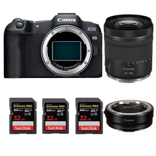 Boîtier Canon EOS R8 + adaptateur de montage EF-EOS R + RF 24-105mm f4-7.1 IS STM + 3 SanDisk 32 Go Extreme Pro SDHC USH-II 4K U3 300 Mo/s