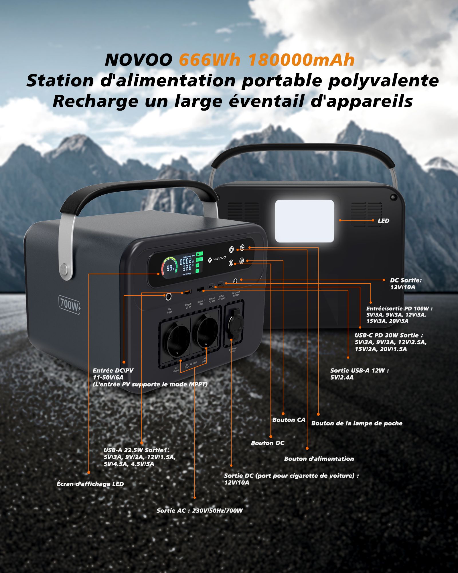 NOVOO Générateur Électrique Portable 666Wh 18000mAh Groupe Électrogène Solaire avec 2×AC Outlets 700W, 3× Regulated DC, 4×USB Port, Mini Centrale Électrique pour Camping Extérieur, Domestique