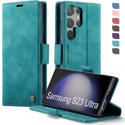 Coque Pour Samsung Galaxy S23 Ultra 5g Etui Housse Rfid Blocage Premium En Cuir Pu Pochette De Portefeuille Fermeture Magnetique Flip Case Rabat Clapet Pour Samsung S23 Ultra Étui, Vert