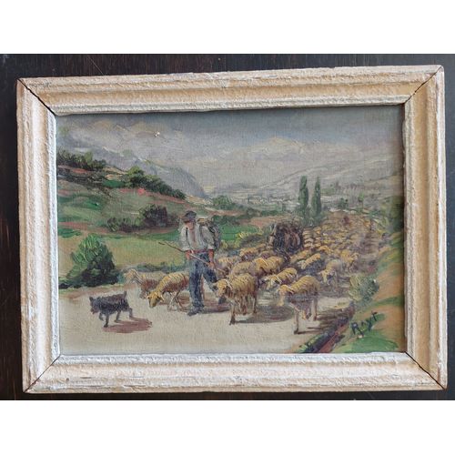Tableau Ancien Peinture Sur Bois / Berger Et Troupeau Transhumance