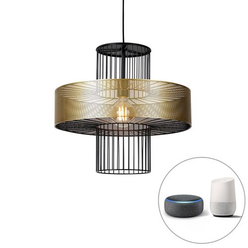 Qazqa Design Smart Hanglamp Goud Met Zwart 50 Cm Incl. Wifi G95 - Tess Métal Doré ,Noir Cylindre /Rond / Luminaire / Lumiere / Éclairage / Intérieur / Salon / Cuisine E27 Max. 1 X 7 Watt