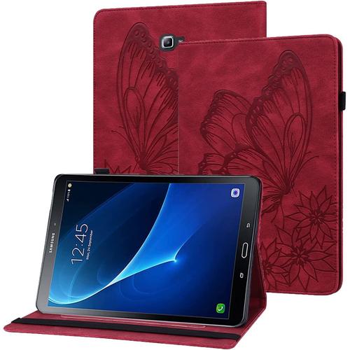 Coque Galaxy Tab A6 Housse En Cuir Pu Portefeuille Papillon En Relief Porte-Stylo Etui Tablette Pour Samsung Galaxy Tab A 10.1 Pouces 2016 Sm-T580 / Sm-T585 - Rouge