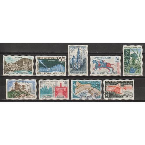 France, 1958, Timbres Commémoratifs (Lourdes, Exposition De Bruxelles, Cathédrale De Senlis, Bayeux, Château De Foix, Armistice...), N°1150 + 1156 + 1165 + 1172 + 1175 À 1179, Oblitérés.