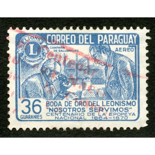 Timbre Oblitéré Correo Del Paraguay, Campana De Salubridad, Aereo, Boda De Oro Del Leonismo "Nosotros Servimos" ,Centenario De La Epopeya Nacional 1864-1870, 36 Guaranies