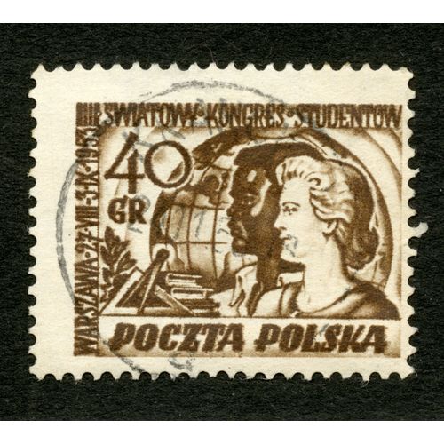 Timbre Oblitéré Poczta Polska, Warszawa 27.Viii.-3.Ix.1953, Swiatowy Kongres Studentow, 40 Gr
