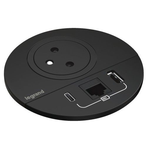 Prise encastrable INCARA? Disq 80 - 2P+T - USB A/C - sortie - noir LEGRAND