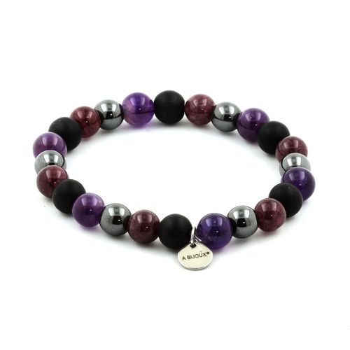 Bracelet Perles Améthyste + Hématite + Lépidolite + Onyx Noir Mat 8 Fabriqué En France.