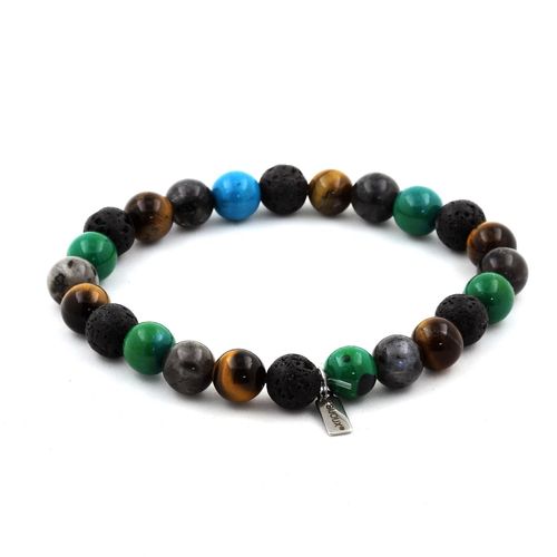 Bracelet Perles Labradorite + Oeil De Tigre + Chrysocolle + Lave 8 Mm. Fabriqué En France.