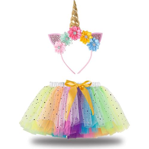 Deguisement Licorne Fille Princess Enfant, Jupe Tutu en Ruban Bandeau  Licorne,Costume Licorne pour Carnaval Fête Anniversaire Cadeaux pour Filles