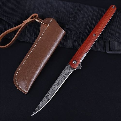 Couteau Pliant Damas De Haute Dureté, Outils'autodéfense, Utilitaire Opaque Avec Étui, Manche En Bois, Pour Camping En Plein Air, Html