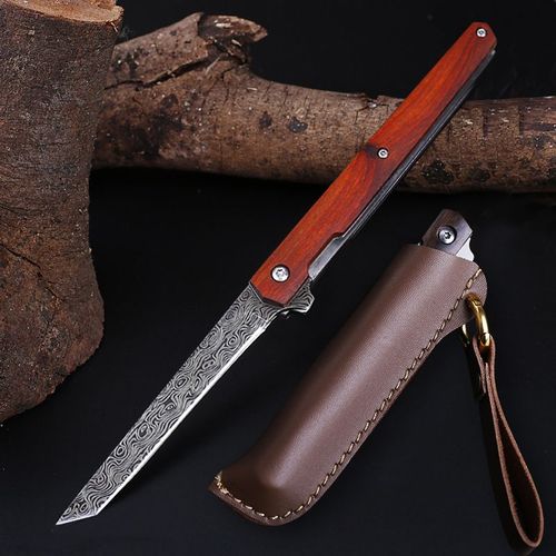 Couteau Pliant Damas De Haute Dureté, Outils'autodéfense, Utilitaire Opaque Avec Étui, Manche En Bois, Pour Camping En Plein Air, Html