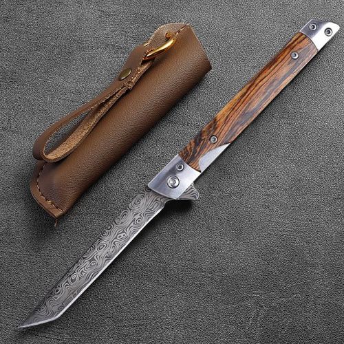 Couteau Pliant Damas De Haute Dureté, Outils'autodéfense, Utilitaire Opaque Avec Étui, Manche En Bois, Pour Camping En Plein Air, Html