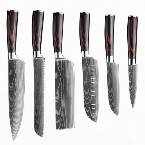 Set 6pcs - Santoku Couteau De Chef En Acier Inoxydable 5cr15, Outils De Cuisine, Couteau À Pain, Couperet À Viande, Ciseaux Utilitaires Puissants Pour Poulet