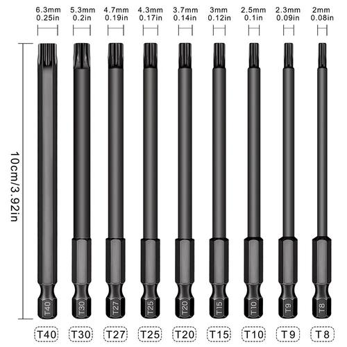 9pcs T8-T40 - 10 pièces embouts de tournevis Torx magnétique Hex tournevis de sécurité électrique ensemble de perceuse avec trou outil à main