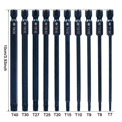 10pcs T7-T40 - 10 pièces embouts de tournevis Torx magnétique Hex tournevis de sécurité électrique ensemble de perceuse avec trou outil à main