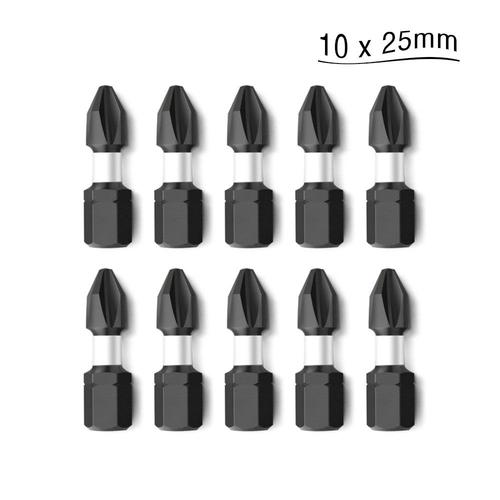 10 PCS noirs - Embouts de tournevis magnétiques, têtes de perceuse Phillips, tige hexagonale 1/4, PH2, 25mm, 10 pièces