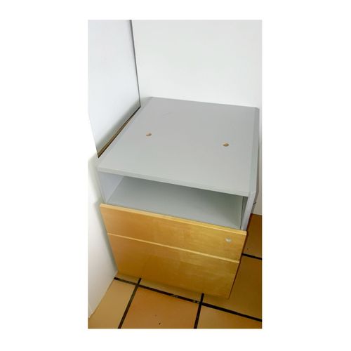 Caisson Design Mobile Bureau Rangement Face Bois Clair 4 Roues Pivotant 2 Tiroirs Classeur+Plaquette Stylo + Niche Desserte Structur Panneau Gris Épais 2cm Résistant Plateau Supérieur Perce 69x58x51cm