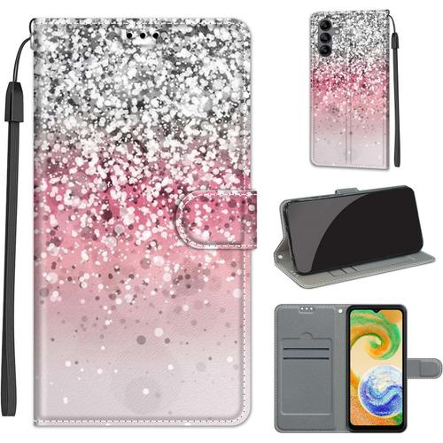 Coque Pour Samsung Galaxy A04s, Protection Housse En Cuir Pu Portefeuille À Rabat Motif Wrist Strap , Flip Antichoc Etui À Pour Samsung A04s / A13 5g Argent Rose