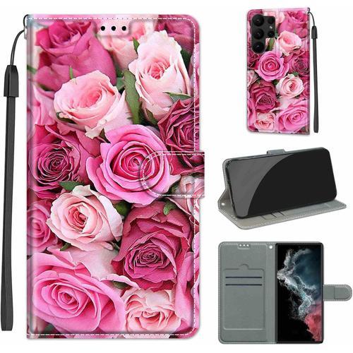 Coque Pour Samsung Galaxy S23 Ultra, Protection Housse En Cuir Pu Portefeuille À Rabat Motif Wrist Strap , Flip Antichoc Etui À Pour Samsung S23 Ultra Rose B