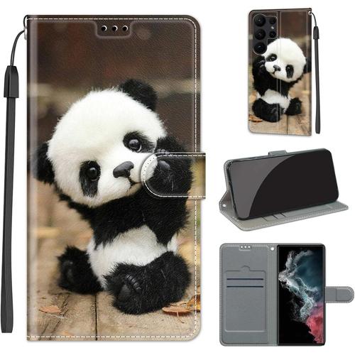 Coque Pour Samsung Galaxy S23 Ultra, Protection Housse En Cuir Pu Portefeuille À Rabat Motif Wrist Strap , Flip Antichoc Etui À Pour Samsung S23 Ultra Panda