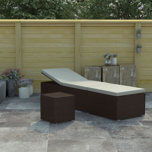 Vidaxl Chaise Longue Avec Coussin Et Table À Thé Résine Tressée Marron