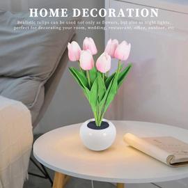 Veilleuse tulipe avec vase en céramique - Lampe de table LED avec pile -  Décoration pour la maison, le salon, le mariage, idée cadeau (6 têtes-rose)