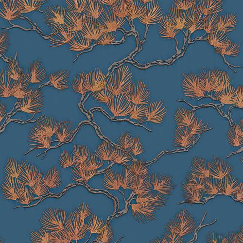 DUTCH WALLCOVERINGS Papier peint Motif avec pins Doré et bleu