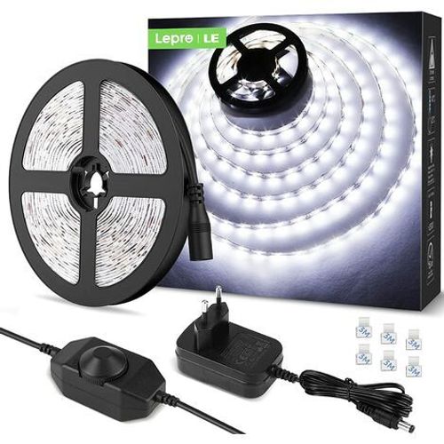 5m Led 1200lm Blanc Froid Dimmable, 12v 6000k 300leds 2835, Bande Led Autocollant Avec Variateur, Connecteurs+Transformateur, Eclairage Intérieur Pour Meuble, Escalier, Chambre, Cuisine