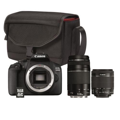 Canon EOS 2000D+EF-S 18-55 IS II+EF 75-300 f/4-5,6 III + Sac + Carte mémoire SD 16 Go