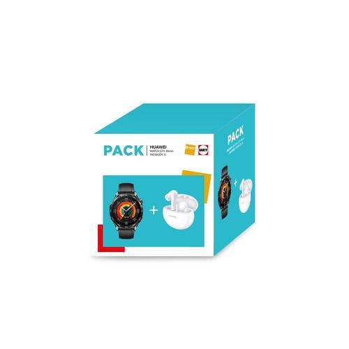 Pack Montre Connectée Huawei Watch Gt5 46 Mm Acier Inoxydable Avec Bracelet En Fluoroélastomère Noir + Freebuds 5i Blan