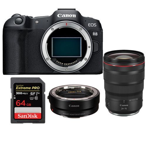 Boîtier Canon EOS R8 + adaptateur de montage EF-EOS R + RF 24-70mm f2.8L IS USM + SanDisk 64 Go Extreme Pro SDXC UHS-II U3 V90 300 Mo/s