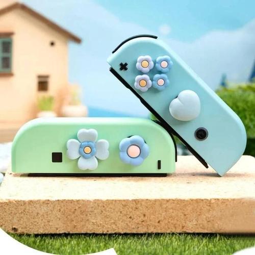 Flower Blue - Bouton De Manette Abxy Pour Nintendo Switch Oled Joy-Con Skin Case, Dsub Move Cross Direction, Thumb Stick Grip Cap Cover, Key Sticker