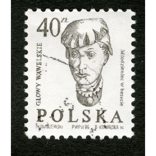 Timbre Oblitéré Polska, Glowy Wawelskie, Mlodzieniec W Berecie, 1986, Konarzewski, Kowalska, 40 Zl