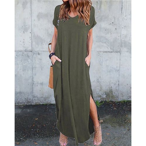 Robe Longue Unie Noir Manches Courtes