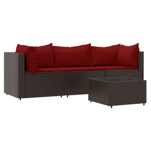 Salon De Jardin 4 Pcs Avec Coussins Marron Résine Tressée