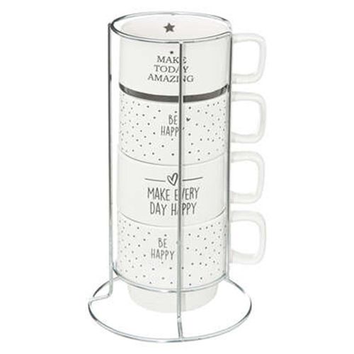 Lot De 4 Mugs Sur Rack "Happy" 22cl Blanc