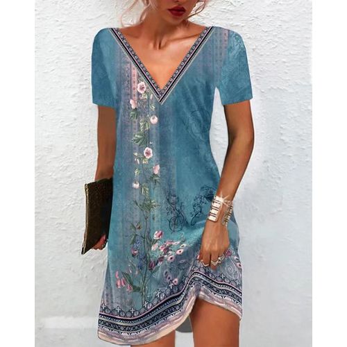 Robe Imprimée Turquoise Manches Courtes