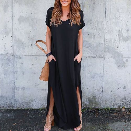 Robe Longue Unie Noir Manches Courtes
